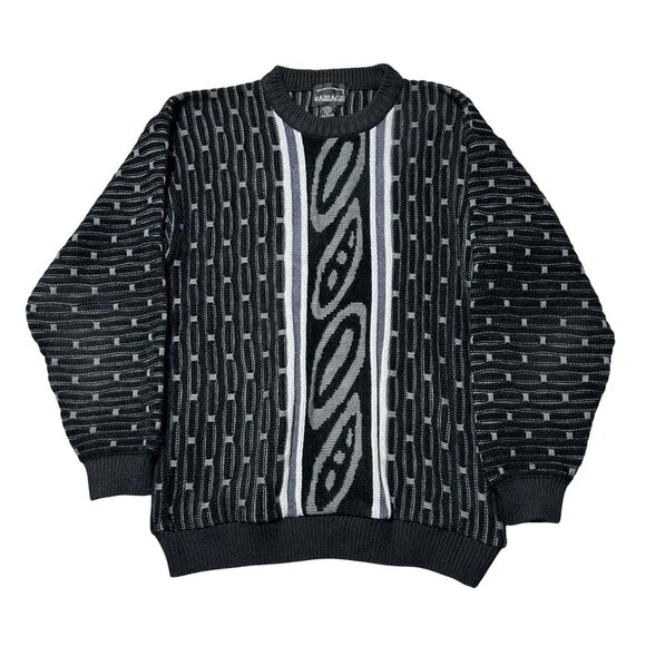Vtg Barrage Coogi Style Sweater Mens M Black/Gray 3D Geometric Knit Pullover - Picture 1 of 10